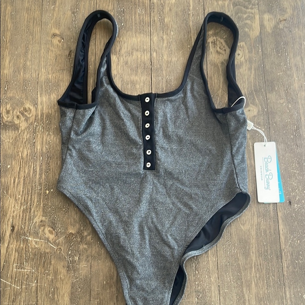 Gray One-Piece Swimsuit with Button Detail